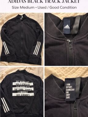 Adidas Black Zip Track Jacket Medium 3 Stripe Bomber Style